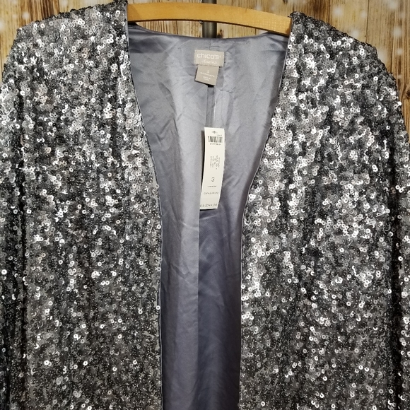 NEW!! Chico's Travelers Gray Sequin Women's Sz. 16/18 Open Front Blazer - Picture 5 of 7